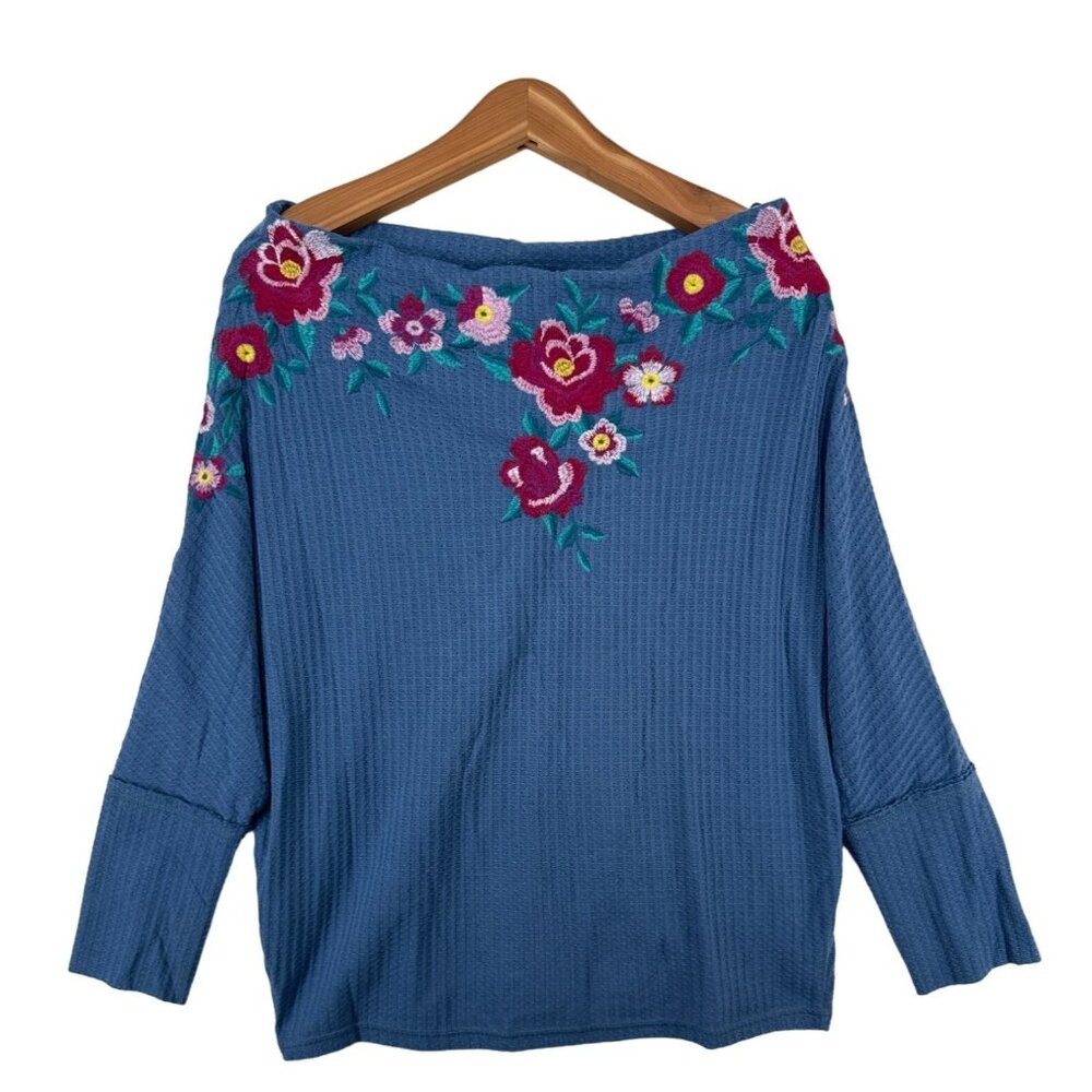 Umgee Womens Top Sz L Blue Waffle Knit Embroidered Boho Floral Casual Stretch